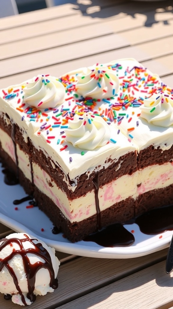 Layered 9x13 Ice Cream Cake Recipe A layered ice cream cake in a 9x13 dish, showcasing chocolate and vanilla layers, topped with whipped cream and sprinkles.
